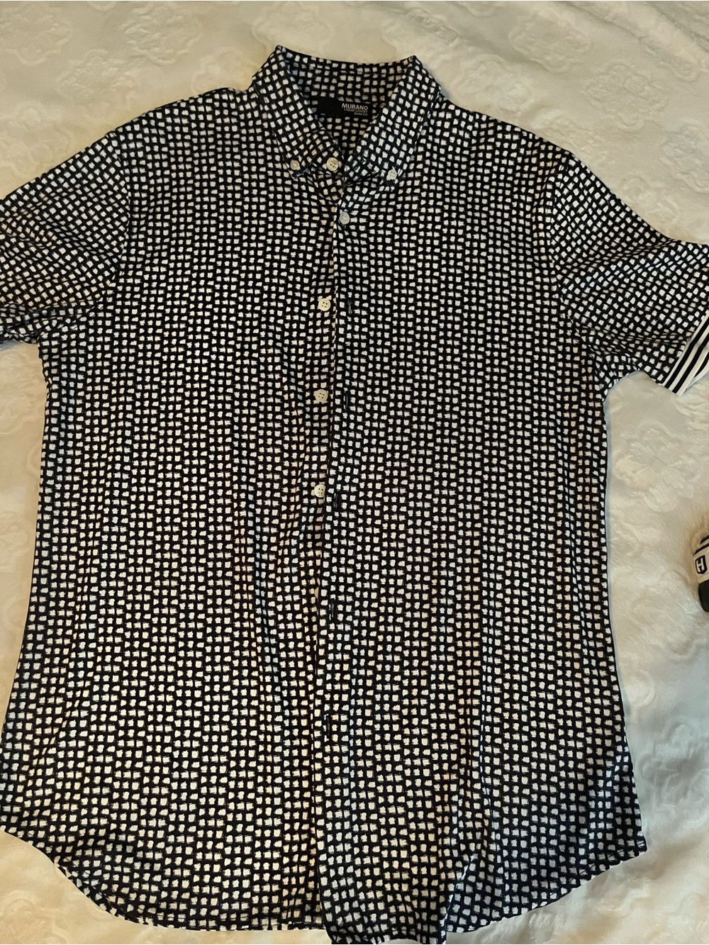 Murano Navy Button-Down with White Grid Print